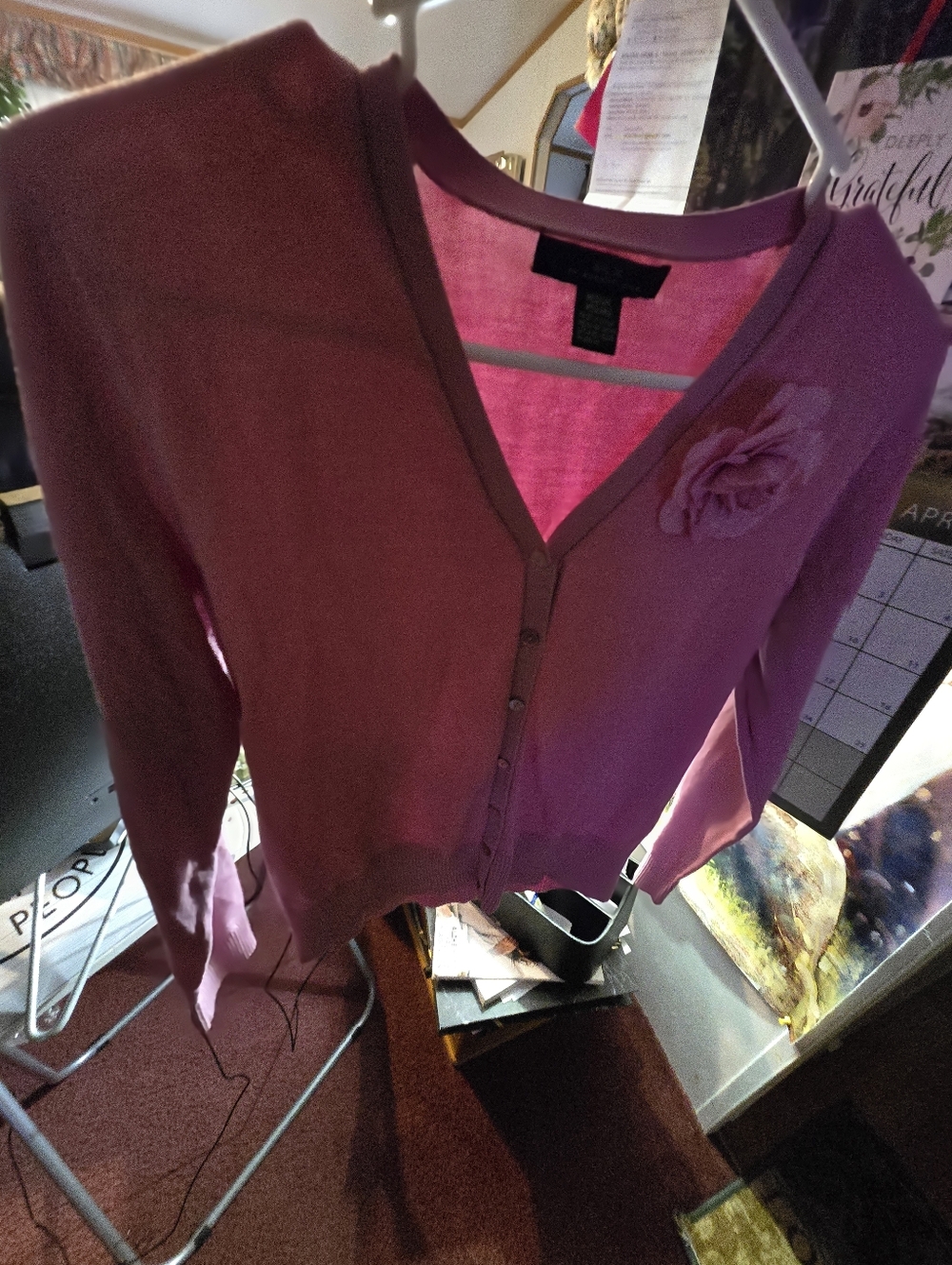 Women’s Pink V-Neck Button Cardigan with Flower Accent